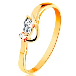 Prsten od zlata 585 - prozirno brušeno zrno i okrugli cirkon, sjajni luk - Veličina: 49