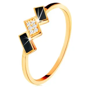 Prsten od zlata 585 - ukošeni pravokutnici ukrašeni crnom glazurom i cirkonima - Veličina: 59