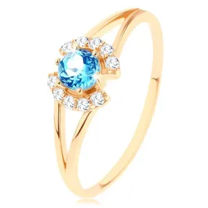 Prsten od žutog 14 karatnog zlata - lukovi od prozirnog cirkona, okrugli, plavi topaz  - Veličina: 59