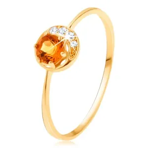 Prsten od žutog 14 karatnog zlata - uski polumjesec, žuti citrin, prozirni cirkoni  - Veličina: 53