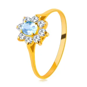 Prsten od žutog 14K zlata - ovalni topaz, linija latica cvijeća, okrugli cirkoni - Veličina: 48