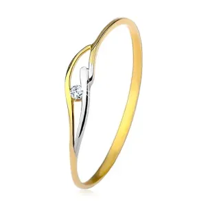 Prsten od žutog i bijelog 14K zlata, tanki krakovi, valovi i prozirni cirkon - Veličina: 53