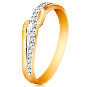 Sjajni 585 zlatni prsten - prozirni cirkon između krajeva krakova, cirkonski val - Veličina: 49