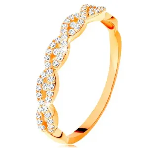 Sjajni prsten od 14K žutog zlata - razdvojeni isprepleteni krakovi, cirkoni - Veličina: 49