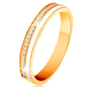 Vjenčani prsten od žutog 14K zlata - uske linije prozirnih cirkona i bijela glazura - Veličina: 49