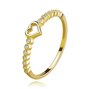 Zlatni prsten od 14K žutog zlata - obris srca, prozirni cvjetići od cirkona - Veličina: 56