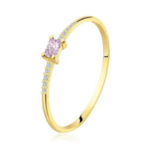 Zlatni prsten od žutog zlata 585 - ružičasti pravokutni cirkon, prozirni cirkoni - Veličina: 62