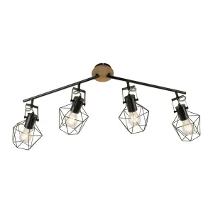 Industrijska stropna svjetiljka crna s drvetom 4-svjetla - Sven