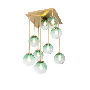 Art Deco stropna svjetiljka zlatna sa zelenim staklom 9 svjetala - Atena