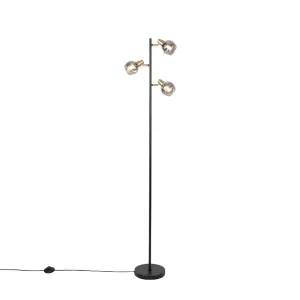 Art deco podna svjetiljka crna i zlatna s dimnim staklom 3-svjetla - Vidro