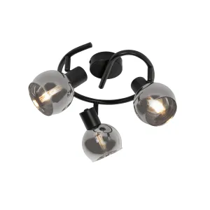 Art Deco stropna svjetiljka crna s dimnim staklom 3 svjetla okrugla - Vidro