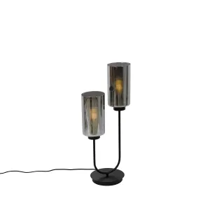 Art Deco stolna lampa crna sa dimnim staklom 2 svjetla - Laura