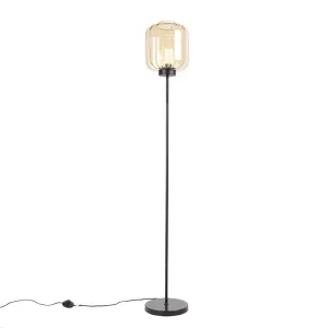 Dizajn podna svjetiljka crna s jantarnim staklom - Qara