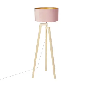 Podna svjetiljka stativ drvo s ružičastim baršunastim hladom 50 cm - Puros