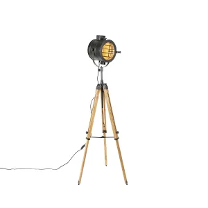 Tronožna podna svjetiljka crna s drvenim studio spotom - Radient