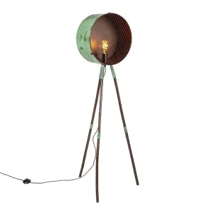 Vintage podna svjetiljka na bambusovom tronošcu, zelena s bakrom - Bačva