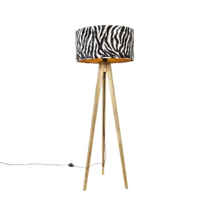 Vintage podna svjetiljka sjenilo od drveta zebra dizajn 50 cm - Tripod Classic
