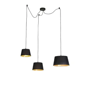Viseća svjetiljka s 3 pamučne sjene crne sa zlatnom - Cava