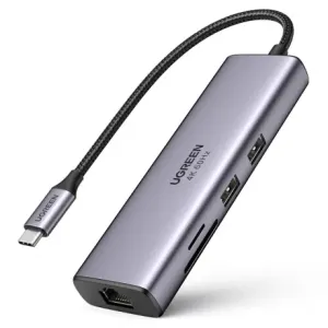 Ugreen CM512 HUB adapter USB-C - 2x USB 3.2 / HDMI 4K / SD TF / USB-C PD 100W / RJ45, siva #395902